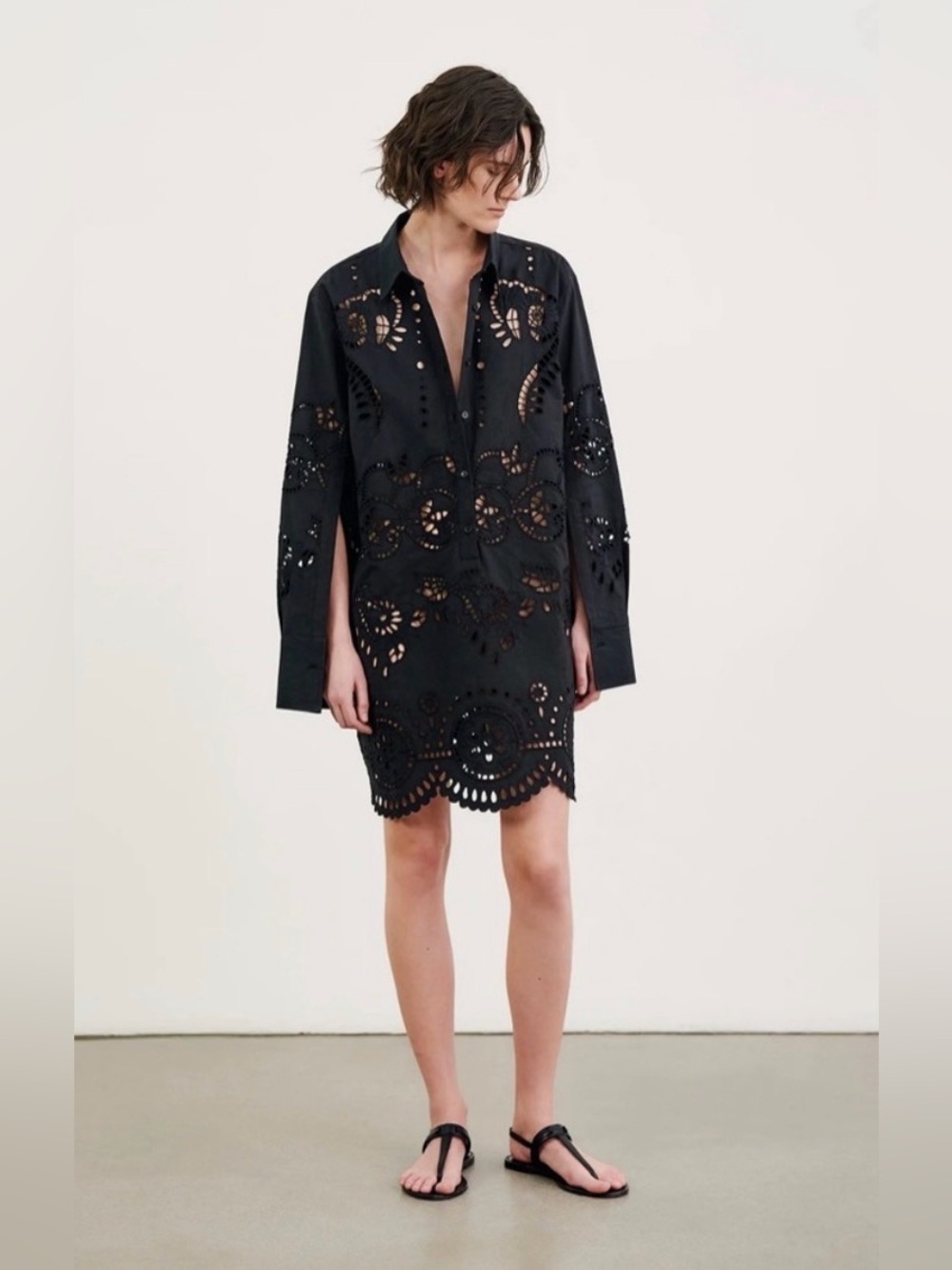 NILI LOTAN Mathilde Embroidered Poplin Dress Size Medium Black Scalloped Hem